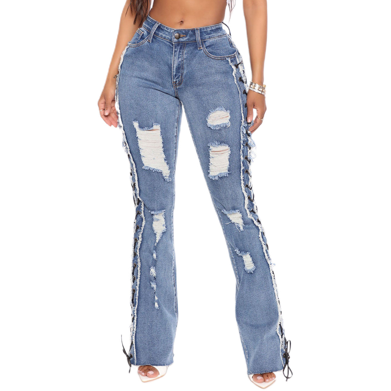 Eyelet Rope High Elasticity Slim Fit Ripped Denim Trousers apparel & accessories