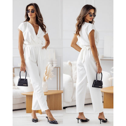 Fashion Solid Color Slimming Short-sleeved Jumpsuit Summer Lace-up Trousers Womens Clothing Dresses & Tops