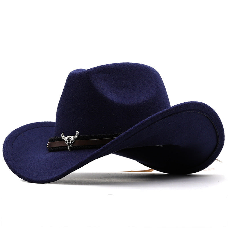 Metal Bull Head Label Western Denim Top Woolen Fedora Hat Hat