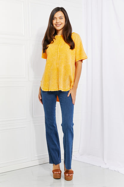 Zenana Start Small Washed Waffle Knit Top in Yellow Gold apparel & accessories