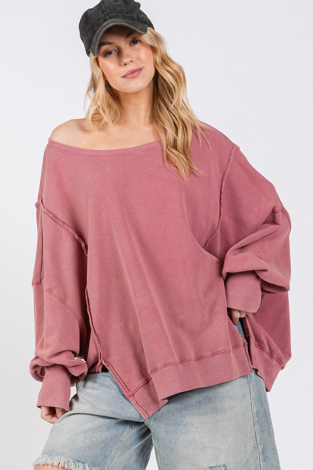 SAGE + FIG Mineral Wash Side Slit Oversized Sweatshirt Dresses & Tops