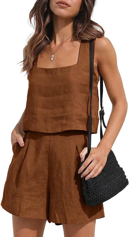 Casual Cotton Linen Sleeveless Square Collar Top Two-piece Shorts Suit apparels & accessories