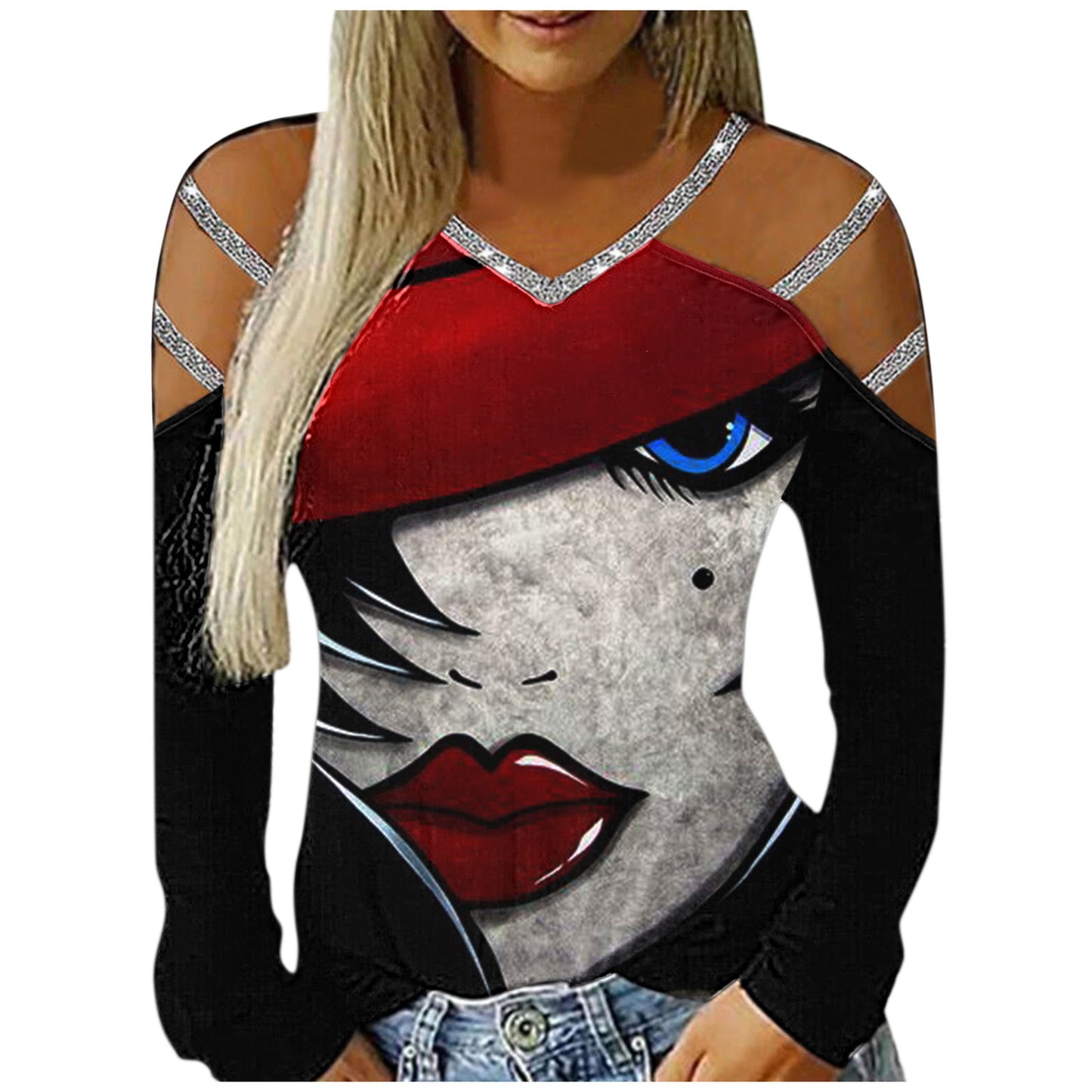 Ladies Casual V-Neck Printed Cutout Off Shoulder Long Sleeve T-Shirt apparels & accessories