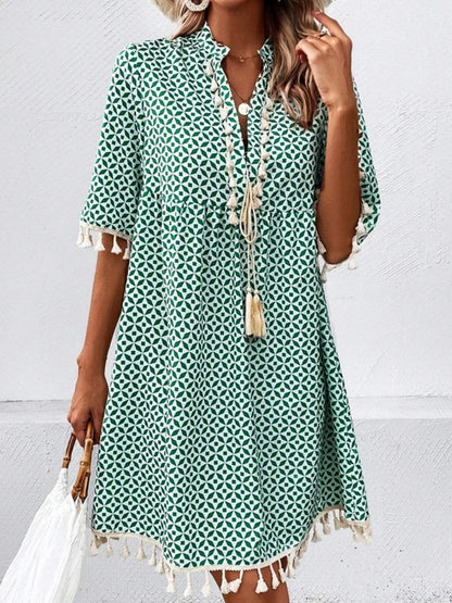 Tassel Printed Notched Half Sleeve Mini Dress Dresses & Tops