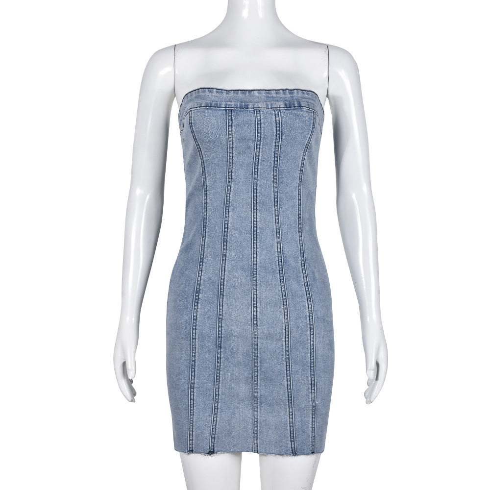 Fashion Backless Tube Denim Dress Summer Sexy Y2K Slim Short Dresses For Women Clothing Dresses & Tops