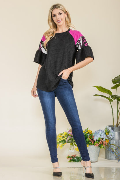 Celeste Full Size Texture Printed Color Block Top apparel & accessories