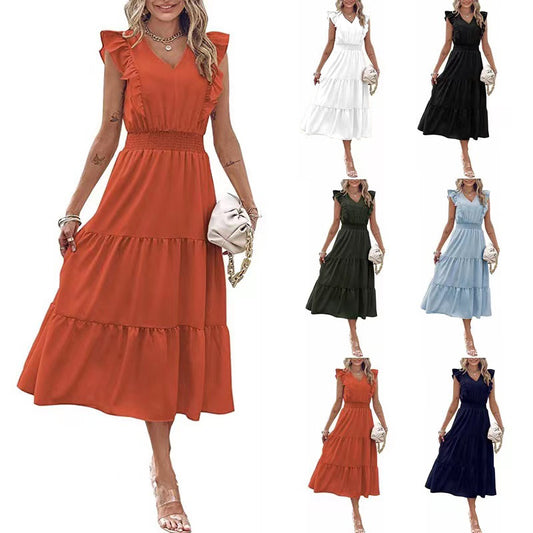 Ruffled Sleeveless V-Neck Dress Summer Fashion Elastic Waist A-Line Dresses For Womens Clothing apparels & accessories