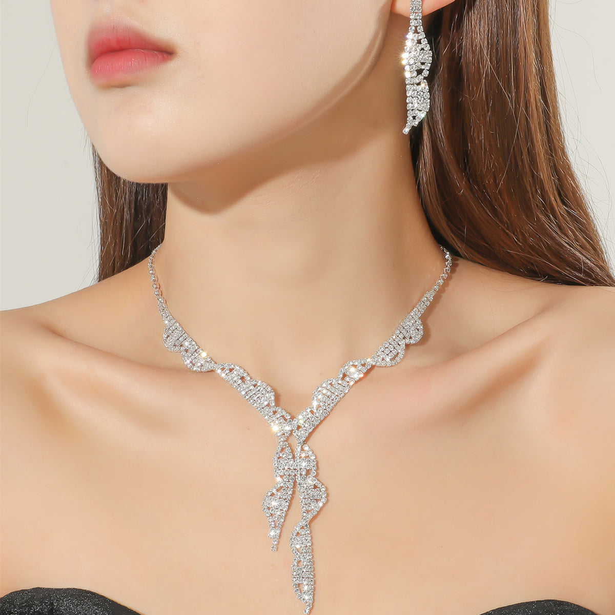 Fashion Simple Rhinestone Necklace Ear Stud Jewelry