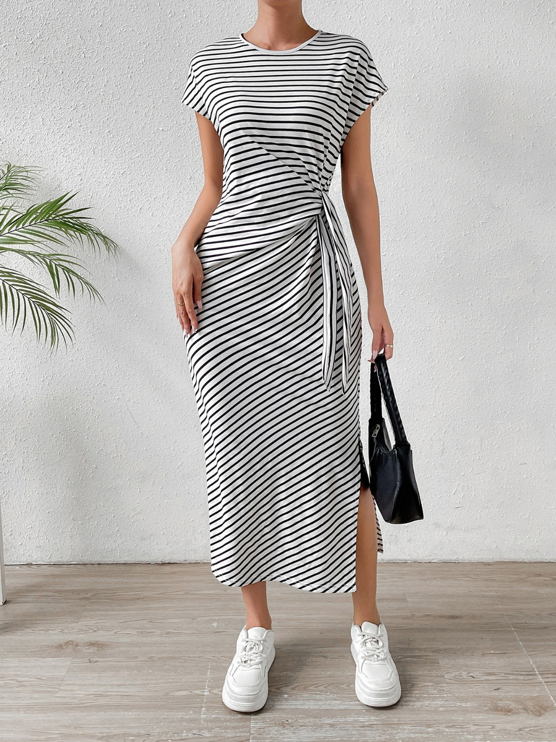 Tied Striped Round Neck Short Sleeve Tee Dress Dresses & Tops