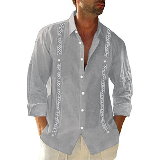 Men's Short-sleeved Linen Cuban Beach Top Pocket Guayabella Shirt apparel & accessories