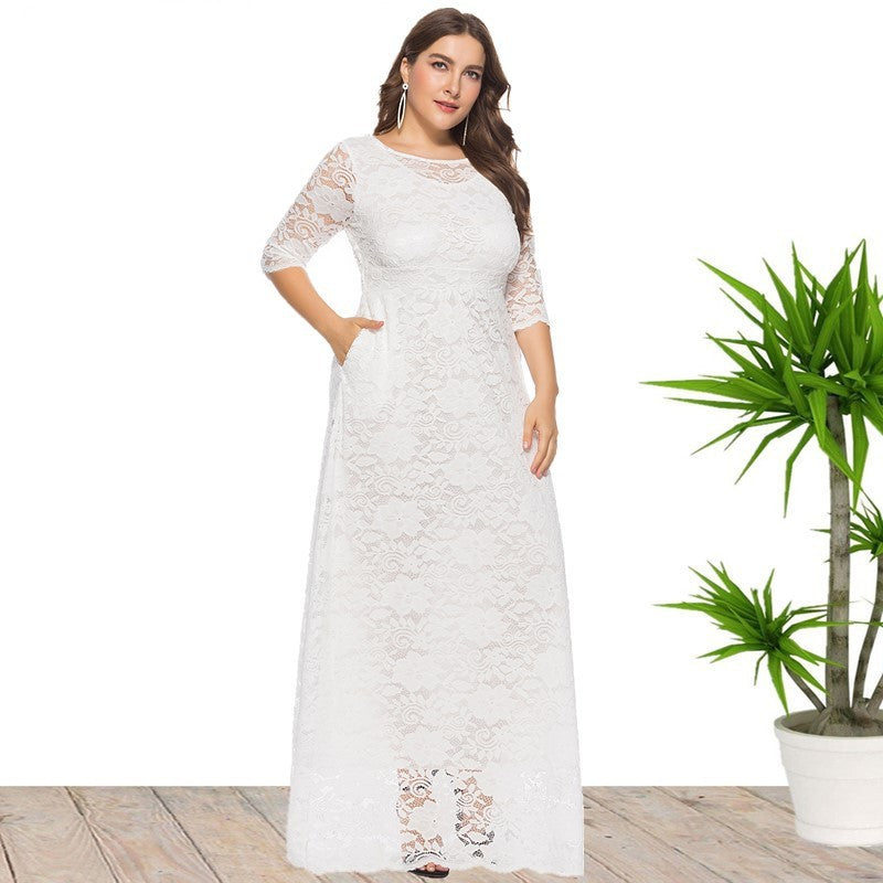 Plus Size Women New Hollow Lace Pocket Dress Dresses & Tops