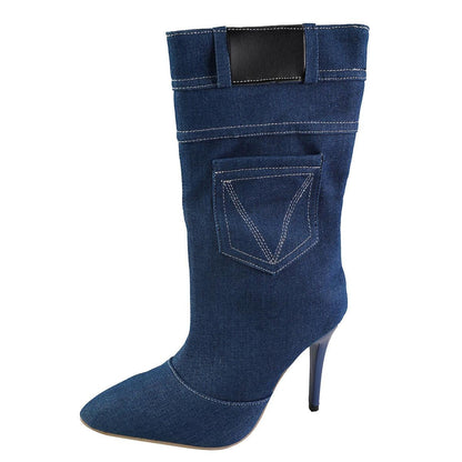 Fashion Denim Boots Women's Stiletto Shoes & Bags