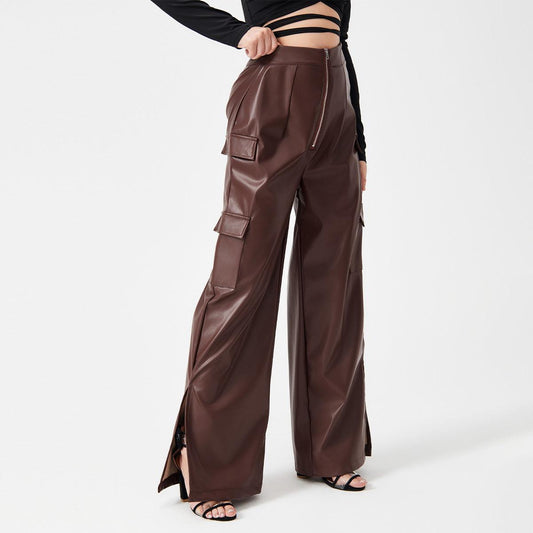 Fashion PU Trousers Metal Zipper Pocket Bottom wear