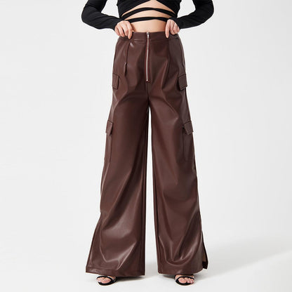 Fashion PU Trousers Metal Zipper Pocket Bottom wear