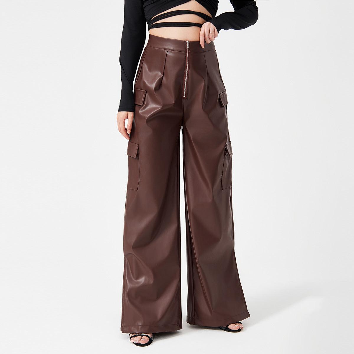 Fashion PU Trousers Metal Zipper Pocket Bottom wear