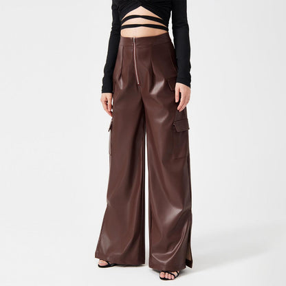 Fashion PU Trousers Metal Zipper Pocket Bottom wear