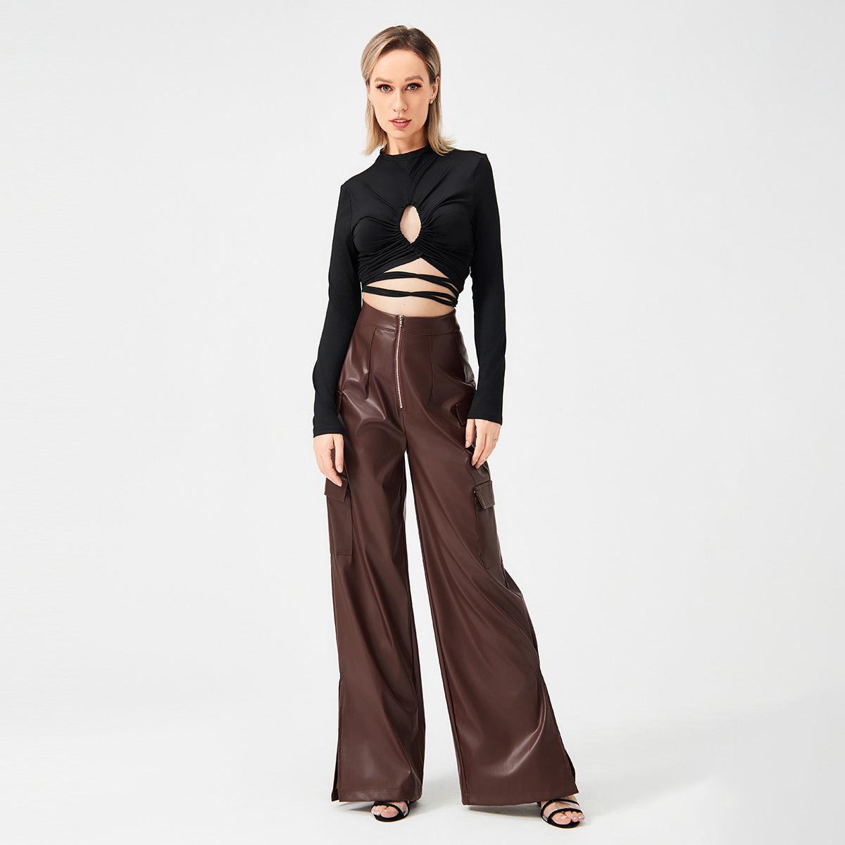 Fashion PU Trousers Metal Zipper Pocket Bottom wear