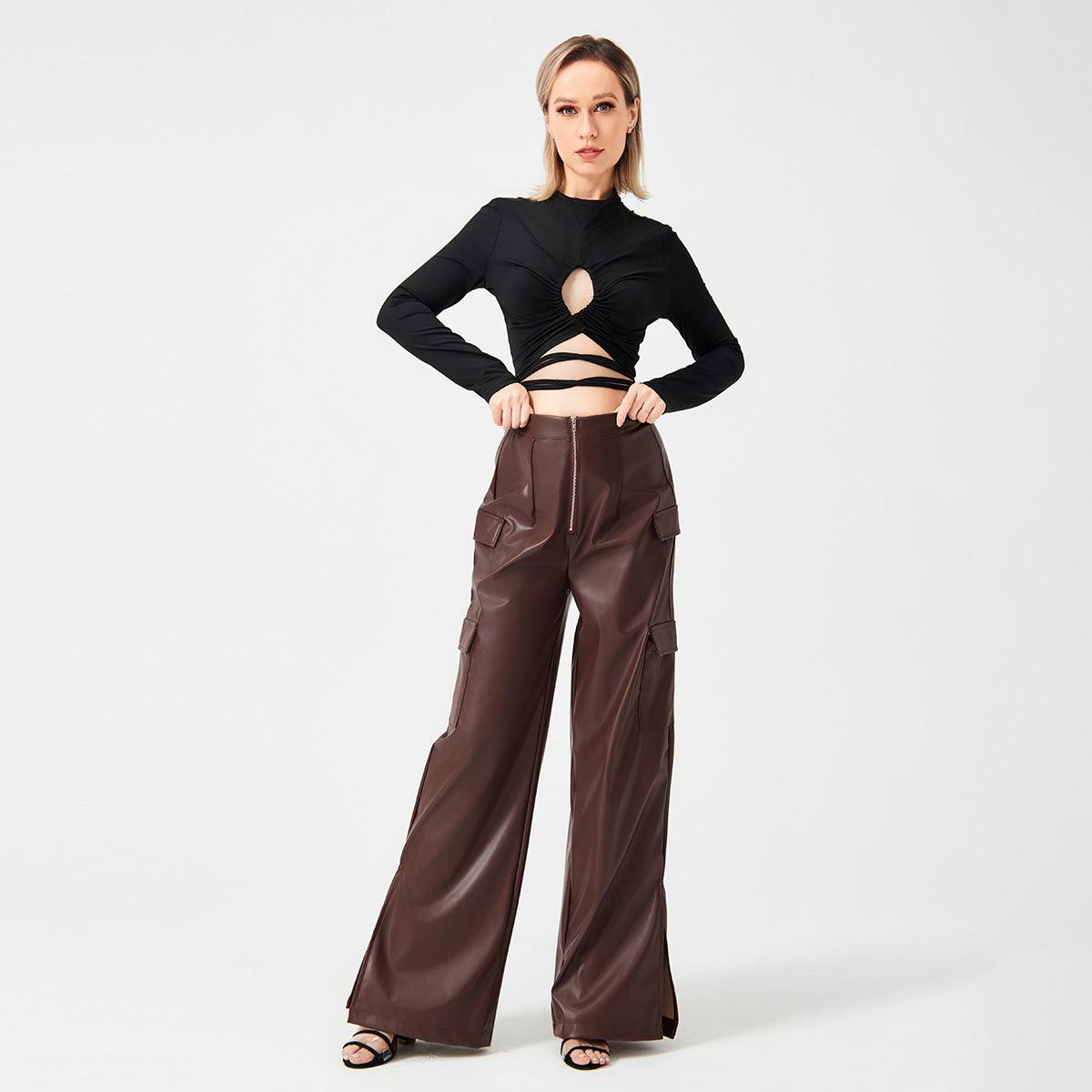 Fashion PU Trousers Metal Zipper Pocket Bottom wear