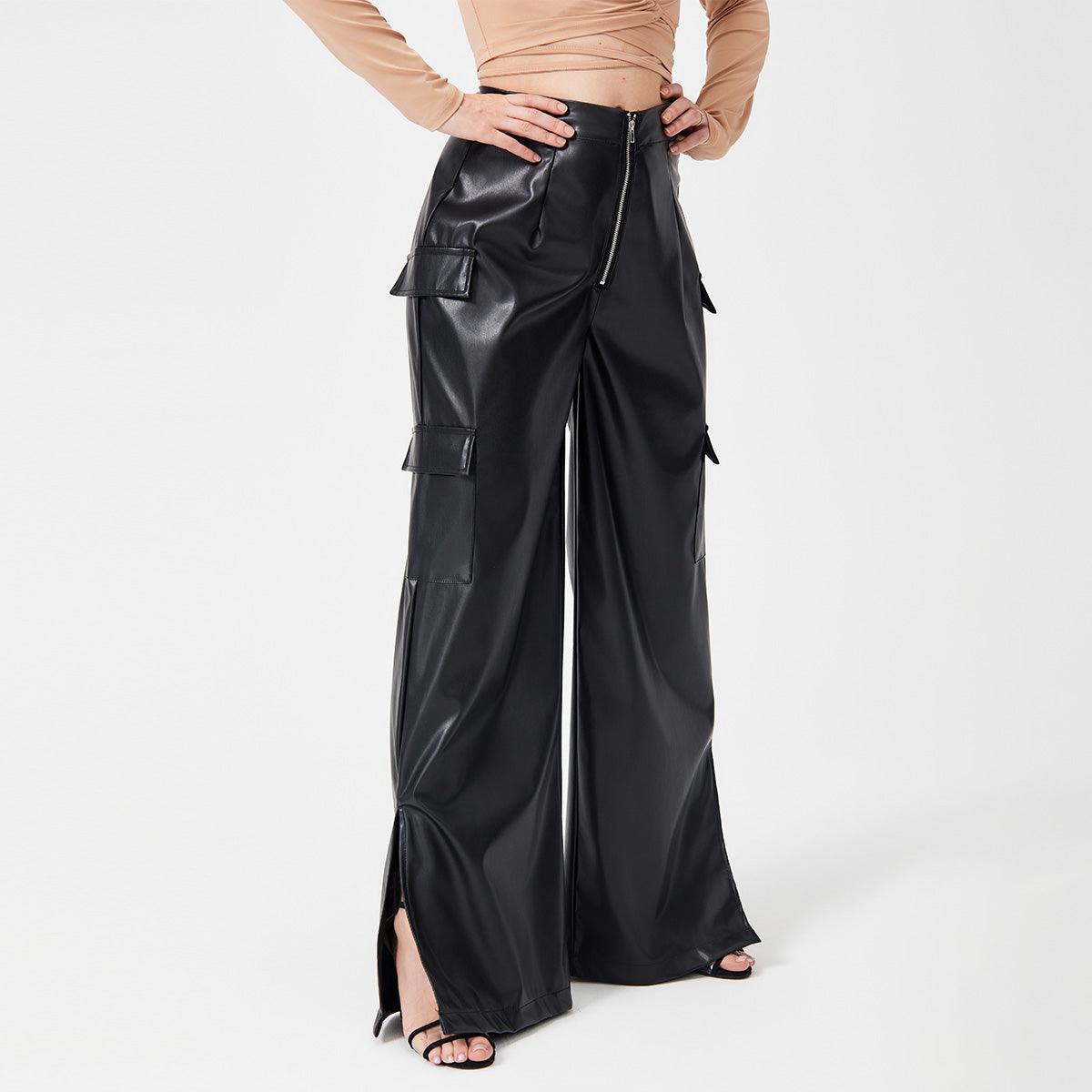 Fashion PU Trousers Metal Zipper Pocket Bottom wear