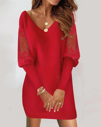 Long-sleeved V-neck Dress Spring And Autumn New Style Lace Splicing Dress For Womens Clothing apparel & accessories