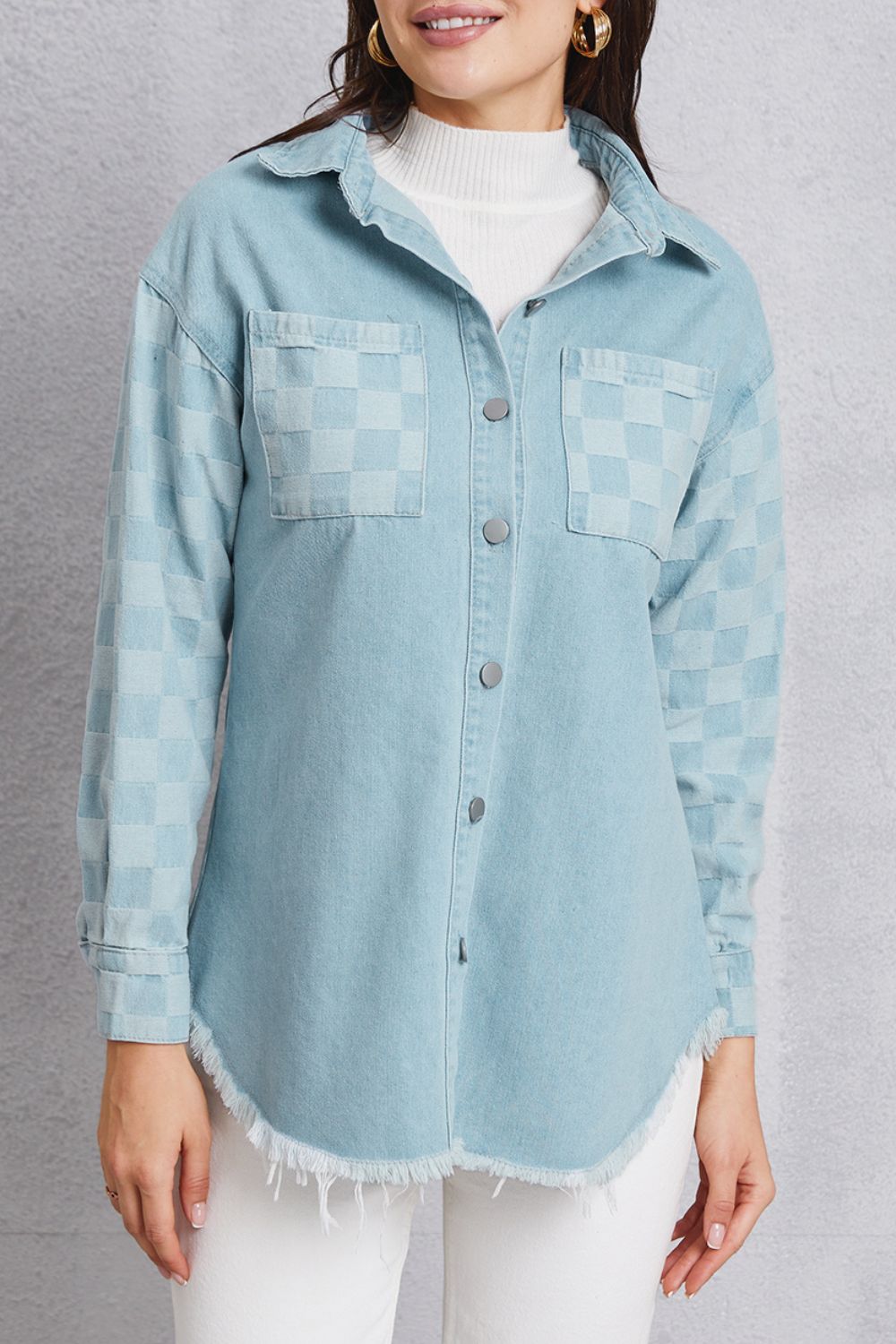 Raw Hem Checkered Dropped Shoulder Denim Jacket Dresses & Tops