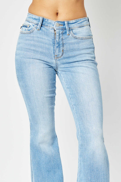 Judy Blue Full Size Mid Rise Raw Hem Slit Flare Jeans Bottom wear