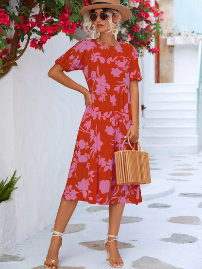 Floral Puff Sleeve Ruffle Hem Midi Dress apparel & accessories