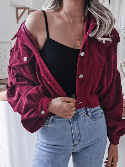 Lantern Sleeve Cropped Corduroy Jacket apparel & accessories