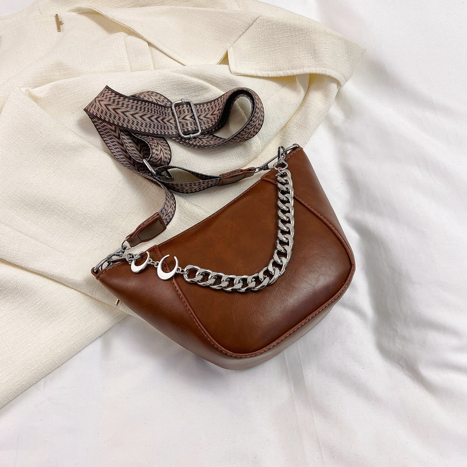 PU Leather Chain Trim Crossbody Bag apparel & accessories