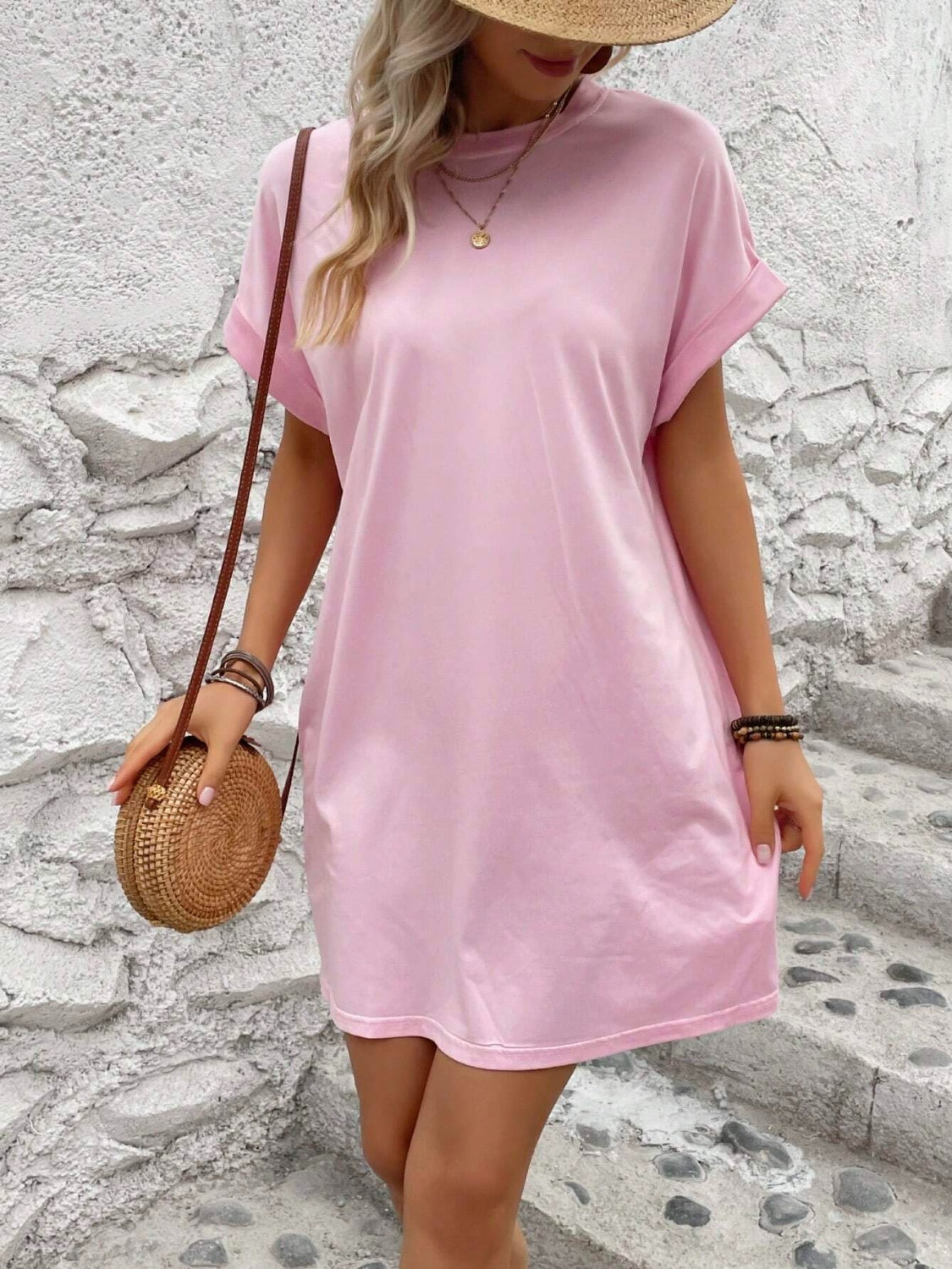 Round Neck Short Sleeve Mini Dress Dresses & Tops