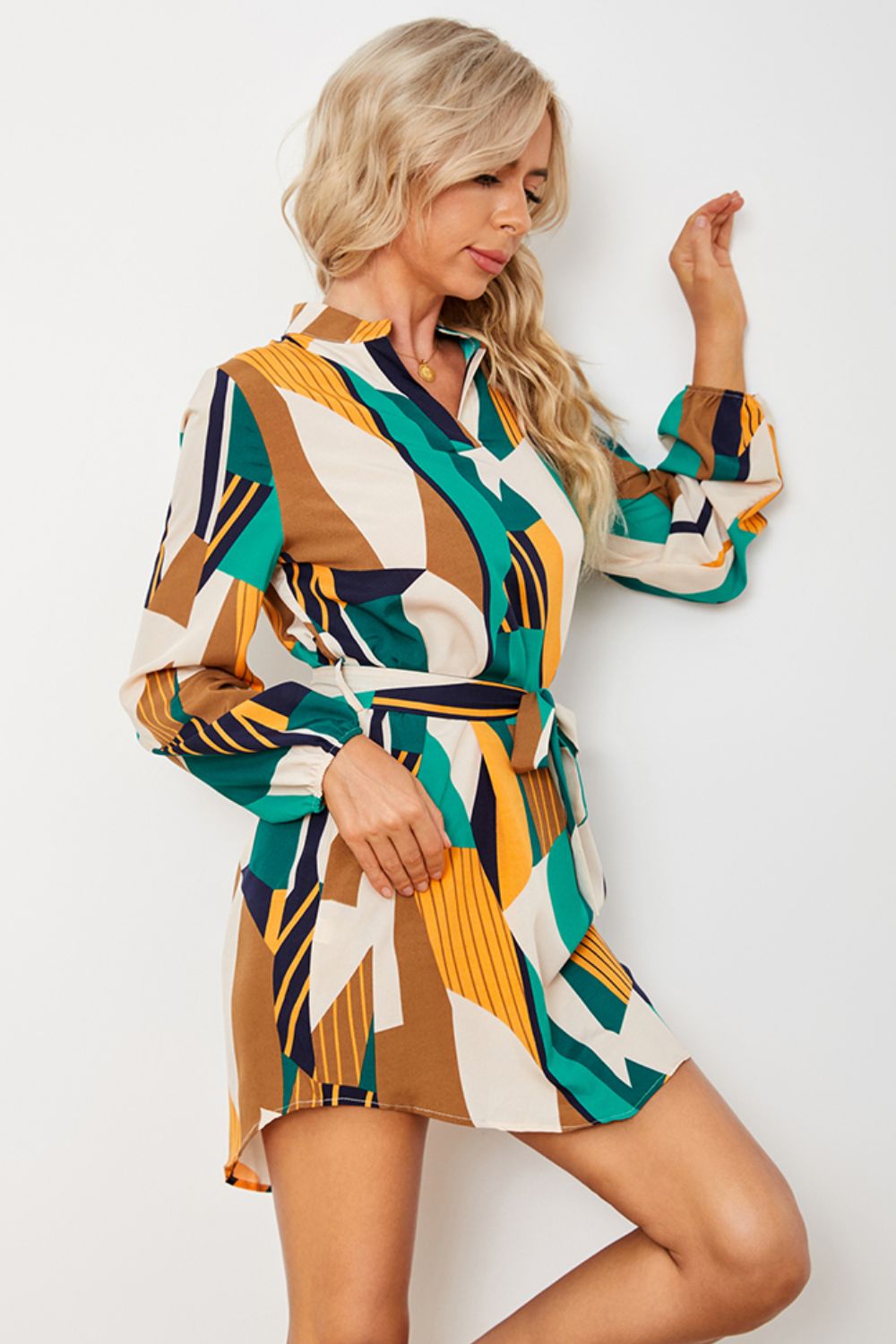 Geometric Print Belted Curved Hem Dress apparel & accessories