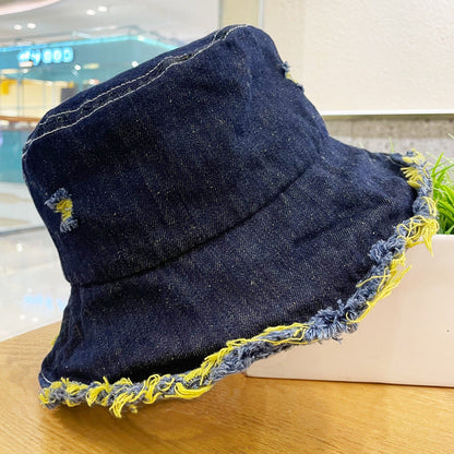 Made Of Old Rough Edge Denim Fisherman Hat Women's Sun Protection Retro Jewelry