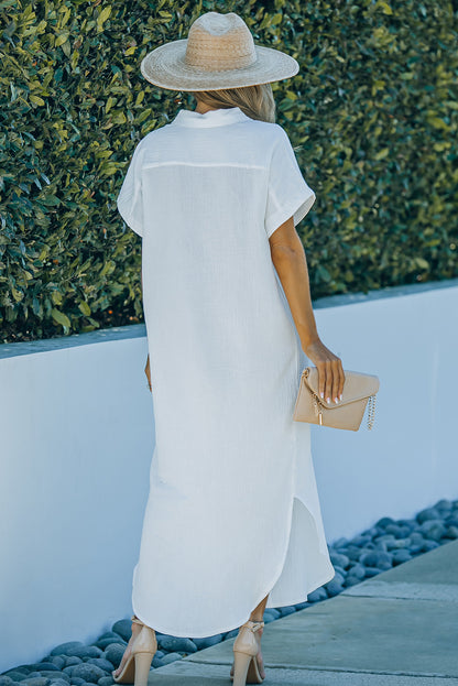 Textured Button Down Slit Shirt Dress apparel & accessories