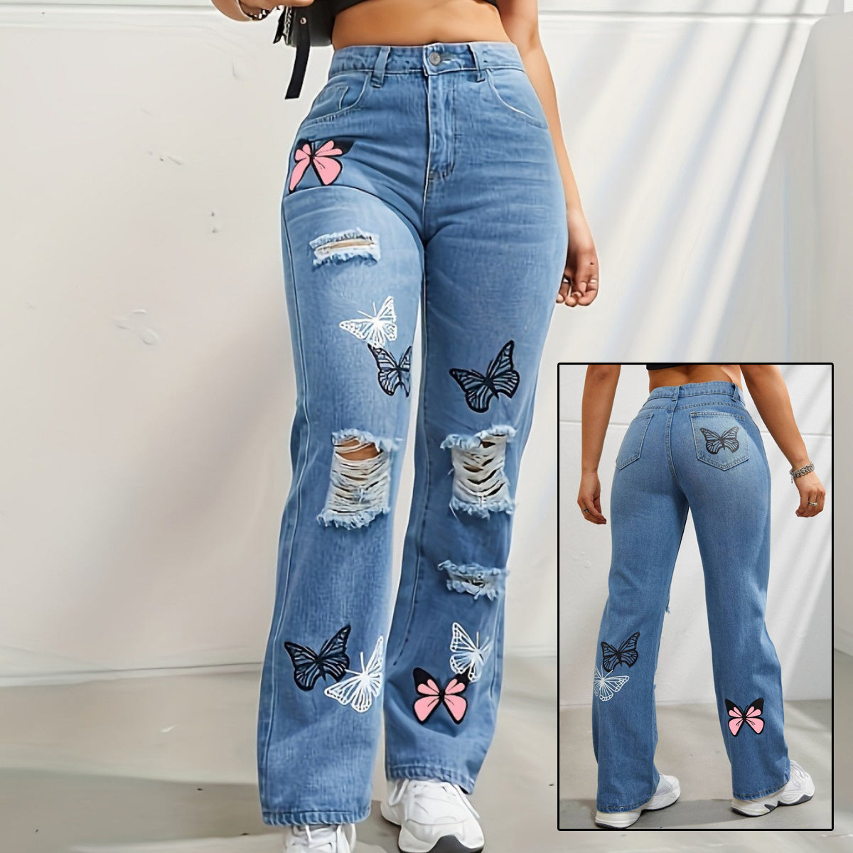 High Waisted Straight Leg Butterfly Print Ripped Distressed Denim Pants apparels & accessories