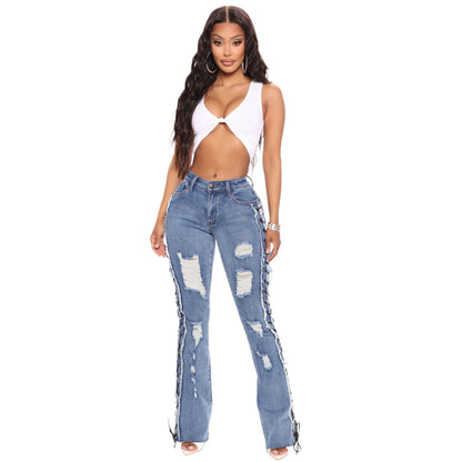 Eyelet Rope High Elasticity Slim Fit Ripped Denim Trousers apparel & accessories