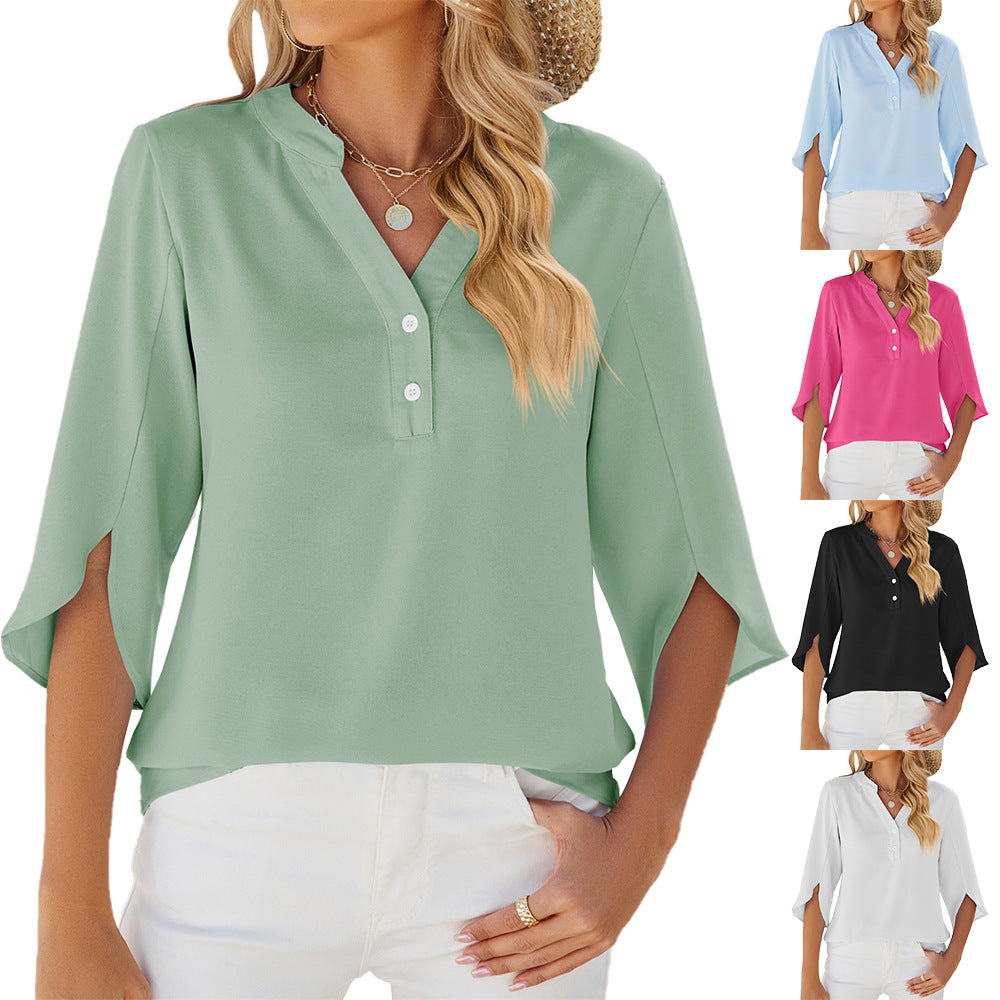 Button V-neck Mid-sleeve Chiffon Shirt Solid Color Top Womens Clothing apparel & accessories