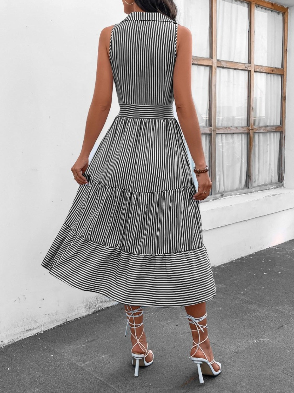 Striped Johnny Collar Sleeveless Midi Dress Dresses & Tops