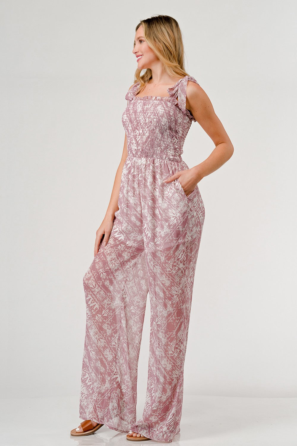 GeeGee Printed Tie Shoulder Wide Leg Jumpsuit Bottom wear