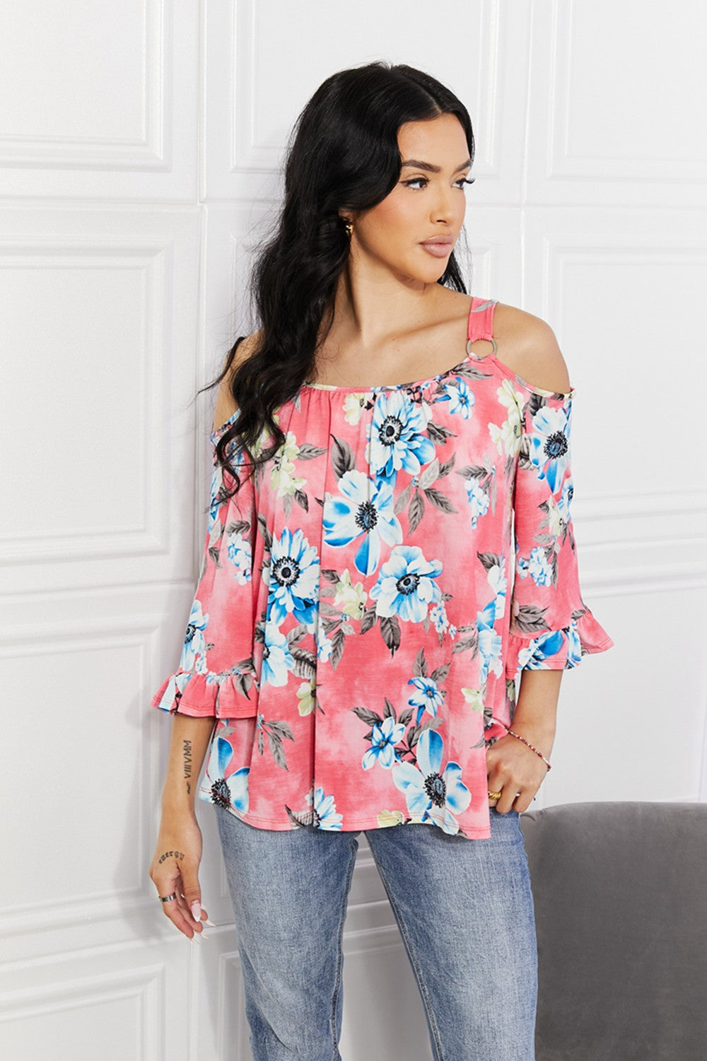 Sew In Love Full Size Fresh Take  Floral Cold-Shoulder Top Dresses & Tops