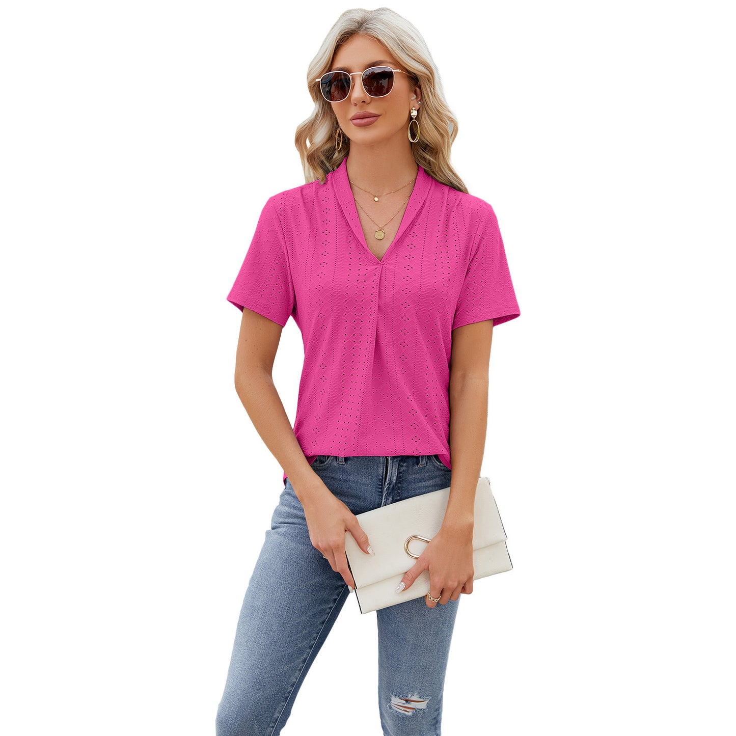 V-neck Hollow Design T-shirt Summer Loose Short-sleeved Top For Womens Clothing apparel & accessories