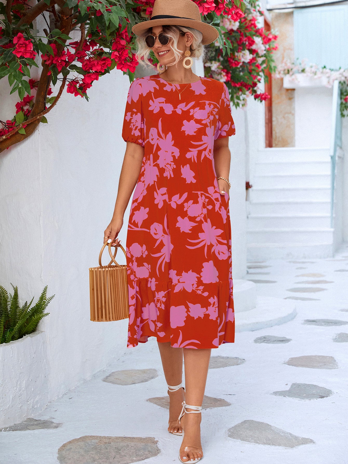 Floral Puff Sleeve Ruffle Hem Midi Dress apparel & accessories