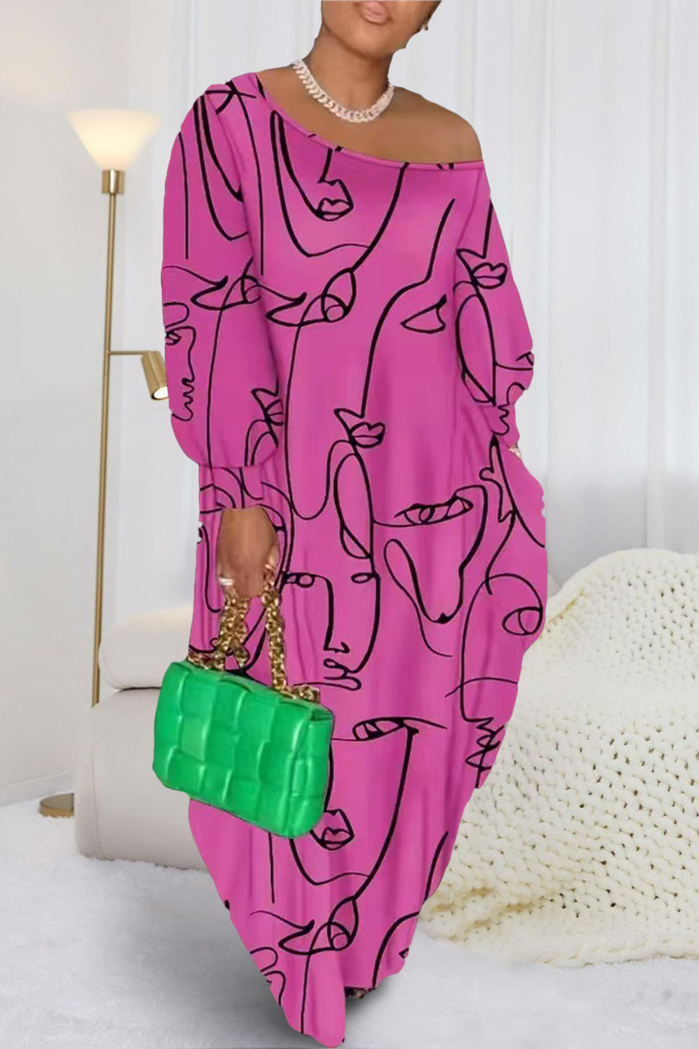 Printed Single Shoulder Lantern Sleeve Maxi Dress apparel & accessories