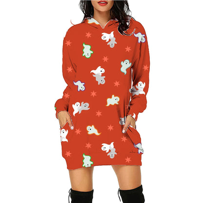 Halloween Print Long Hoodie With Pockets halloween