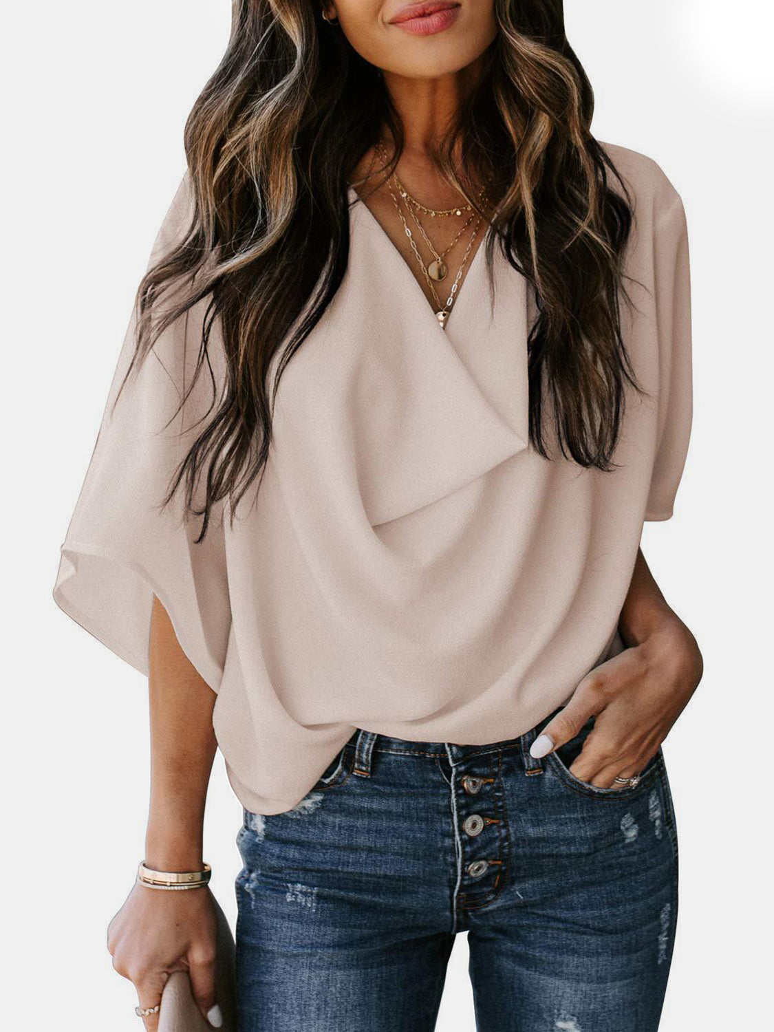 Full Size Cowl Neck Three-Quarter Sleeve Blouse apparel & accessories