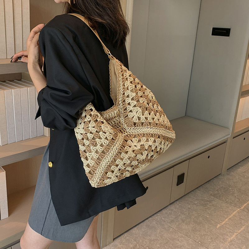 Women's Fashion Handmade Straw Woven Hollow Contrast Color Weave Shoulder Bag Accessories for women