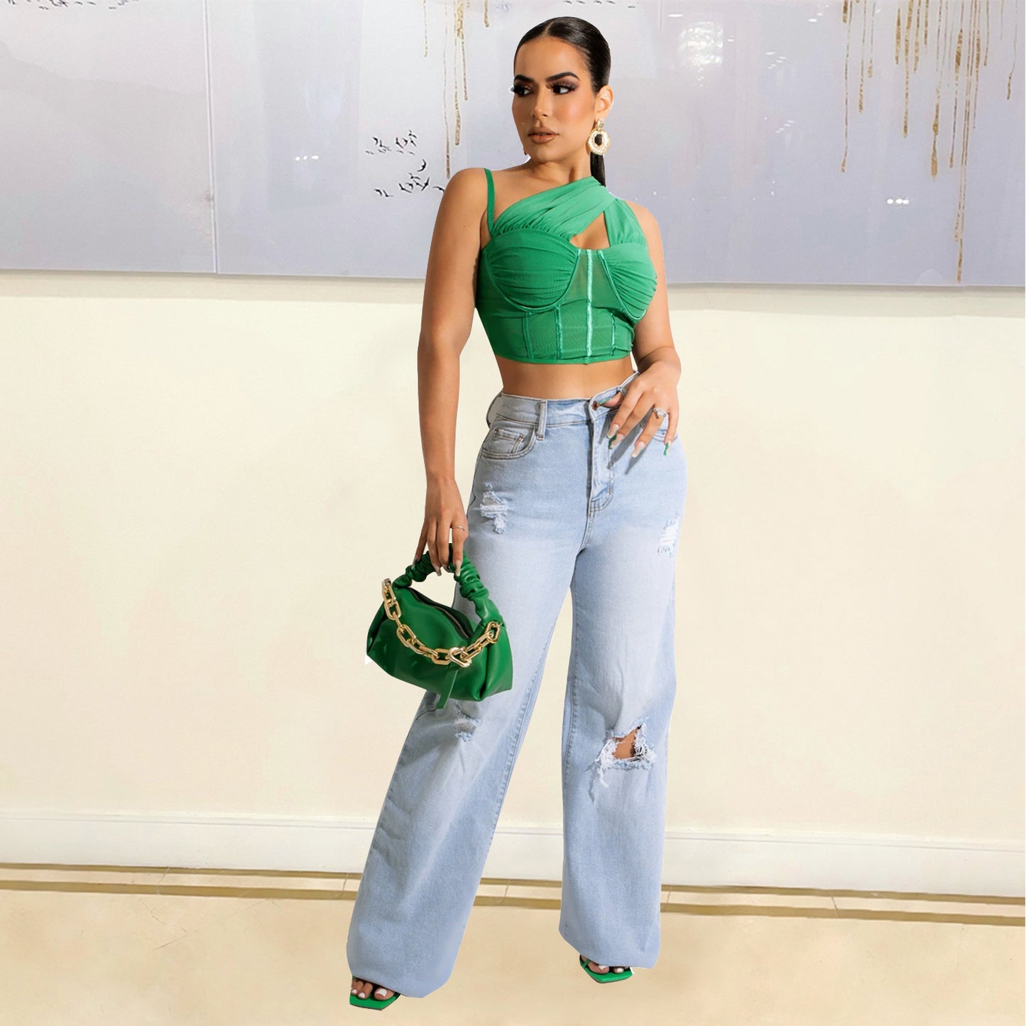 Women's Mesh See-Through Cropped Slanted Shoulder Top apparels & accessories