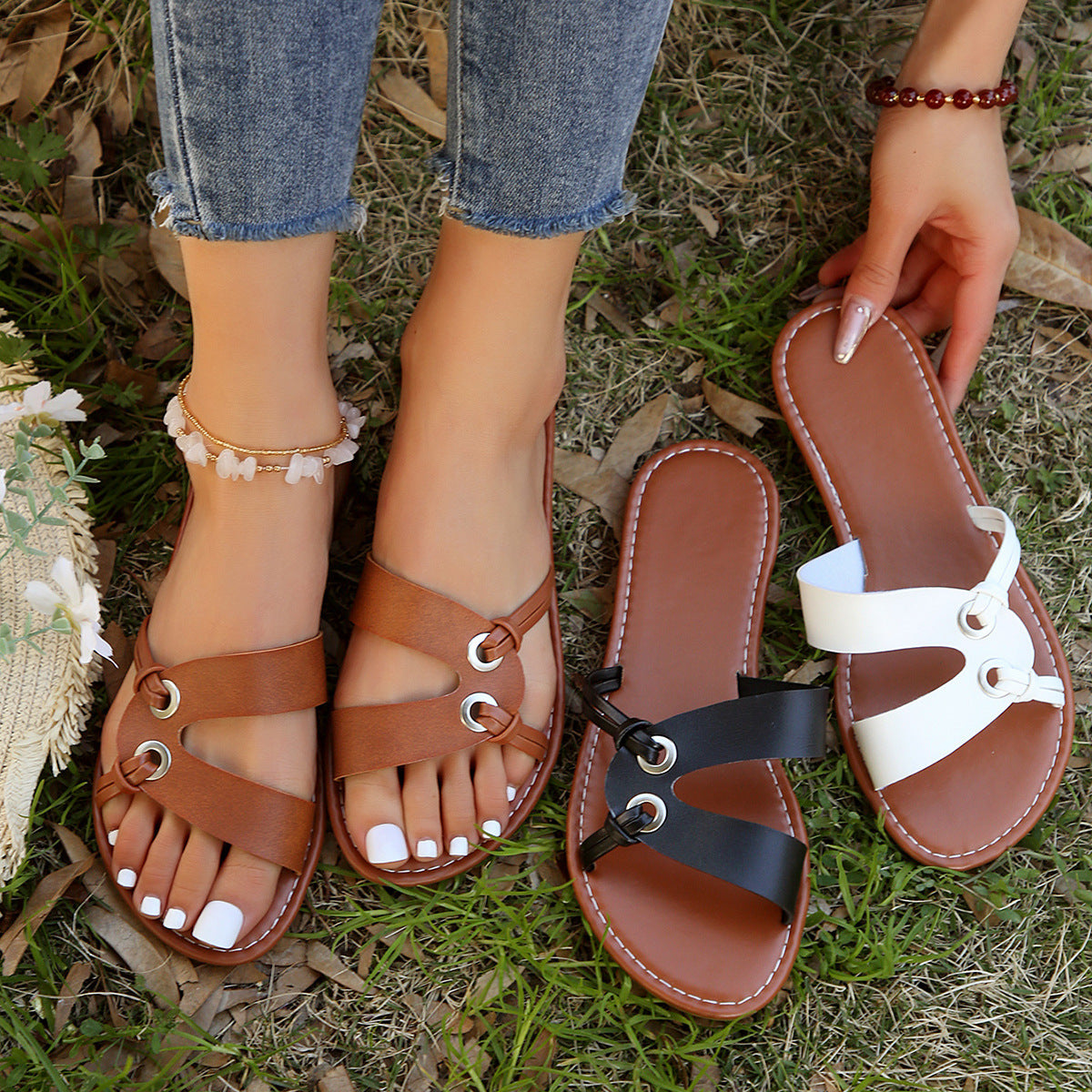 Round Toe Flat Sandals Summer Fashion Casual Non-slip Slides Shoes For Women Shoes & Bags