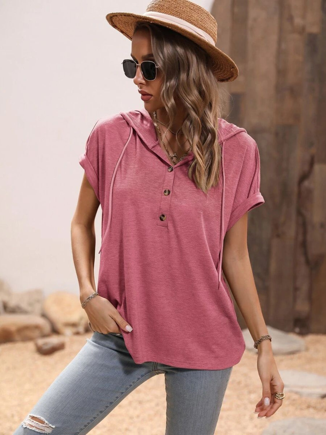 Half Button Hooded Short Sleeve Blouse apparel & accessories