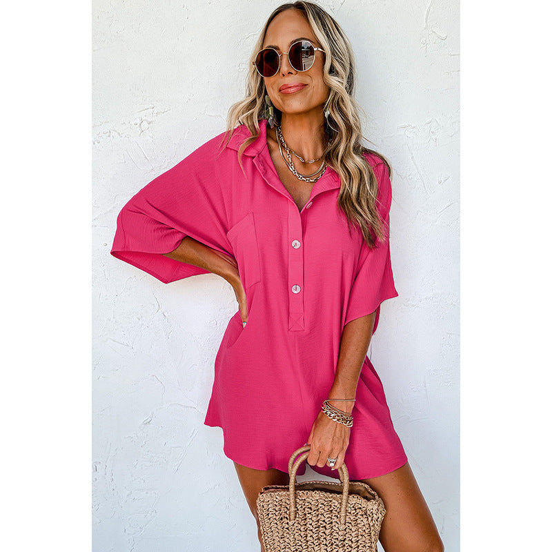 Solid Color Short-sleeved Jumpsuit Loose Casual Multi-pocket apparel & accessories