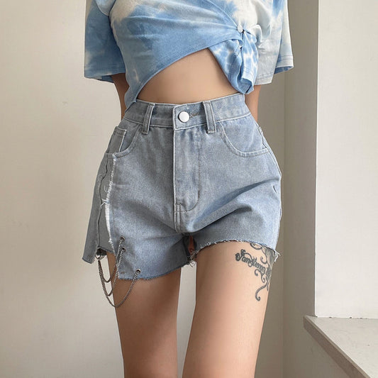 Women's Chain Raw Edge Washed Denim High Waist Wide Leg Shorts shorts